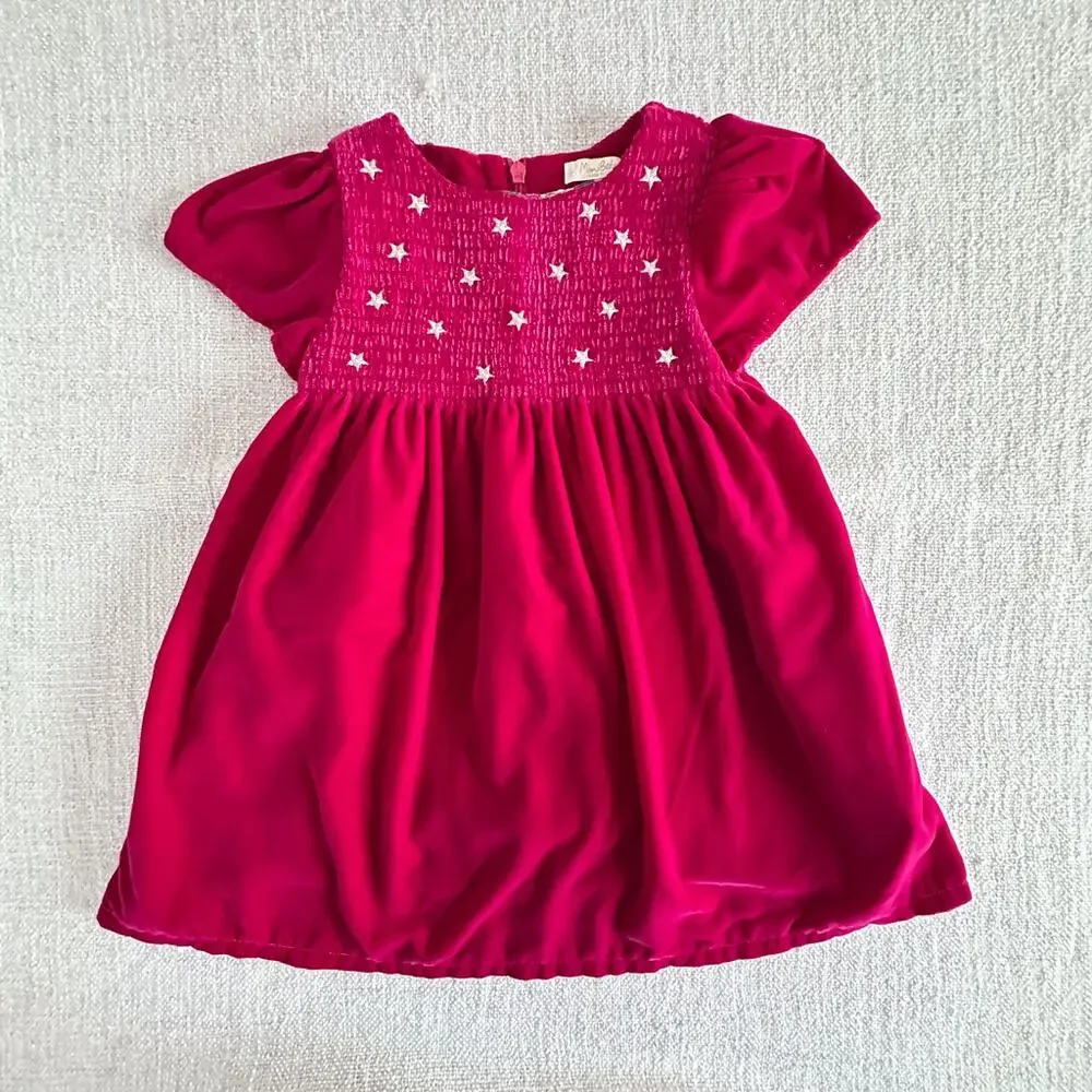 Mini Boden Fuchsia Velvet Star Embroidered Party Dress VGUC 2/3